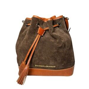 Dooney & Bourke Brown Suede Leather Drawstring‎ Bucket Shoulder Bag Red Interior
